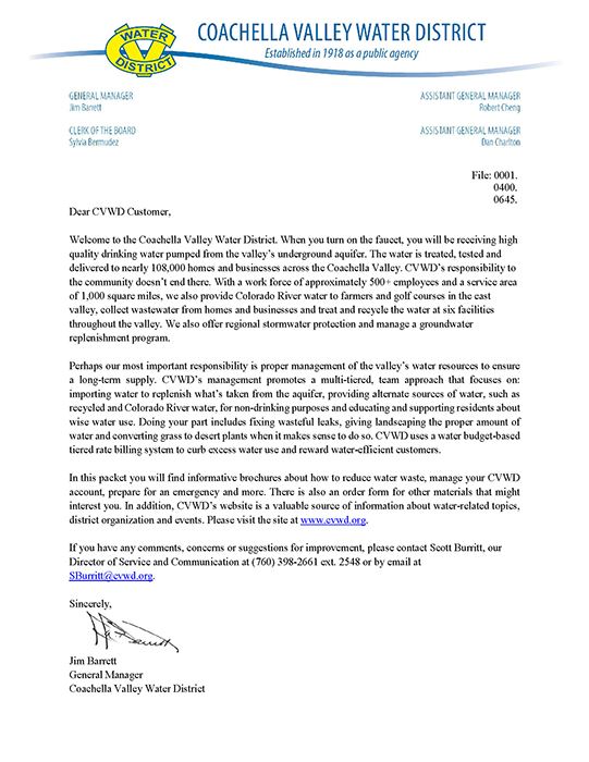 Welcome Letter from CVWD Opens in new window